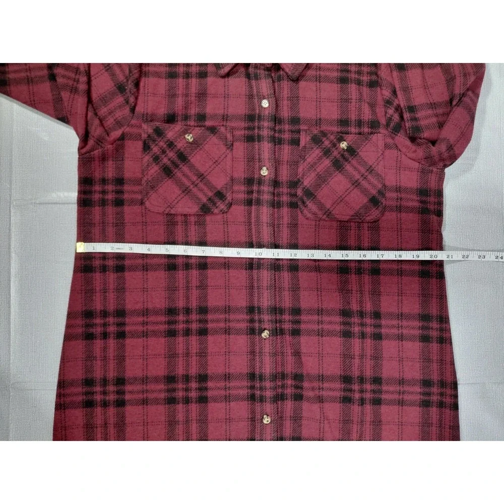 Thread & Supply Fleece Button Down Shirt Dress LG Long Coat Burgundy Plaid